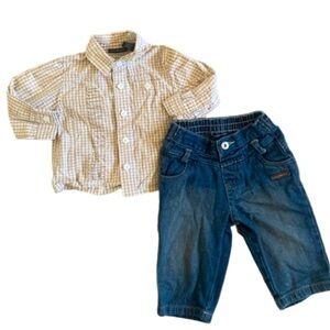 Calvin Klein Jeans Tan Checkered Button Down with Blue Denim Jeans